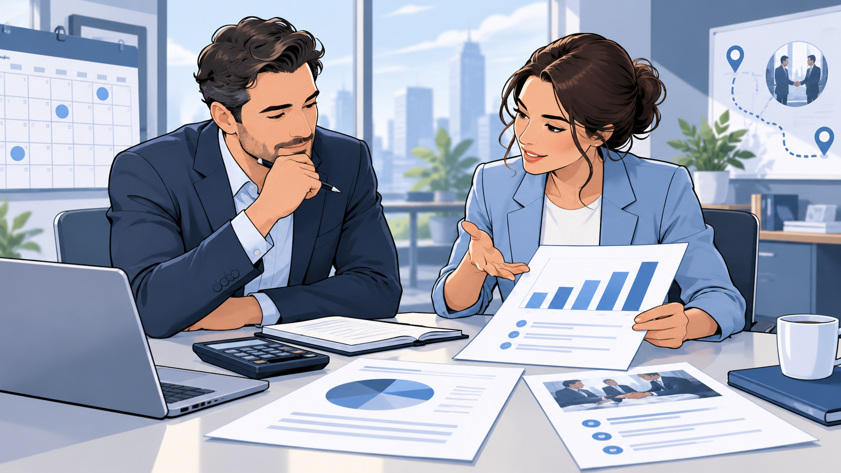 Comic-Illustration zweier Geschäftspartner, die Kosten einer Terminvereinbarung mit Kalender, Kalkulation und Angebotsunterlagen prüfen