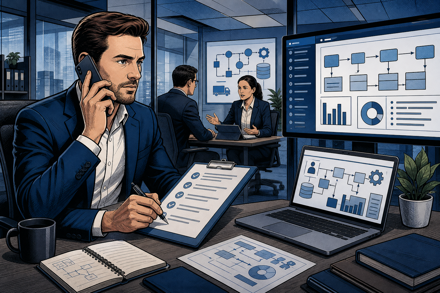 Comic-Illustration zu klassischem Vertrieb für ERP-Unternehmen