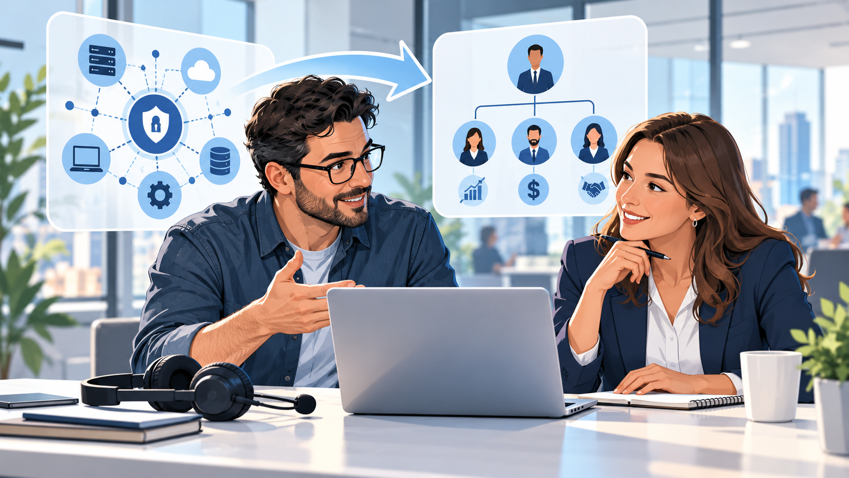 Comic-Illustration eines IT-Spezialisten und einer Vertriebskraft, die technische Zusammenhänge und passende Ansprechpartner gemeinsam vorbereiten