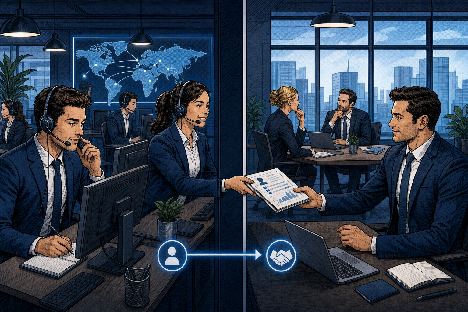 Comic-Illustration eines externen B2B-Akquiseteams bei Zielkundenansprache und Terminqualifizierung