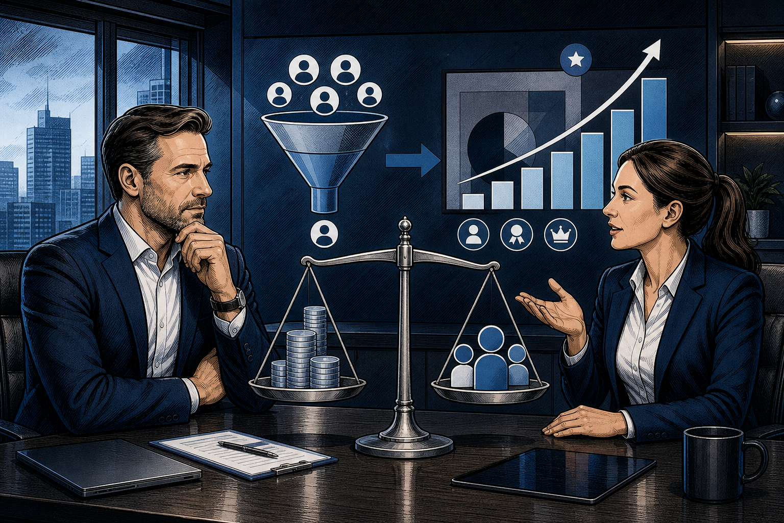Comic-Illustration zur Kosten- und Nutzenbewertung einer B2B-Vertriebsagentur
