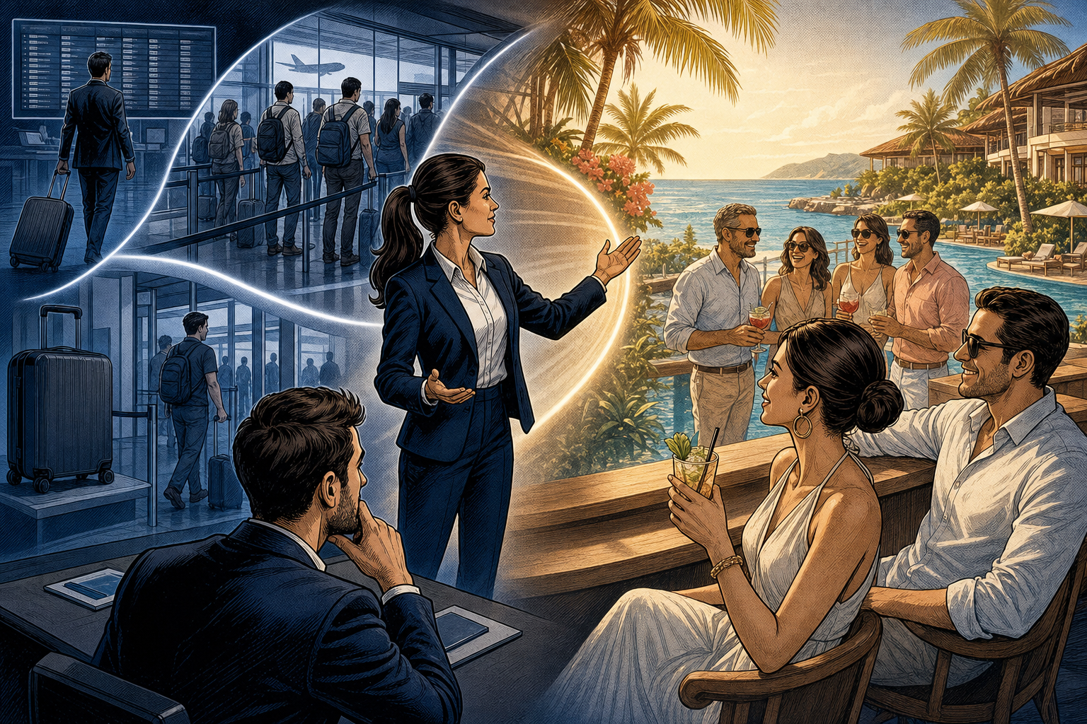 Comic-Illustration vom Unterschied zwischen anstrengender Urlaubsreise und dem emotionalen Urlaubserlebnis