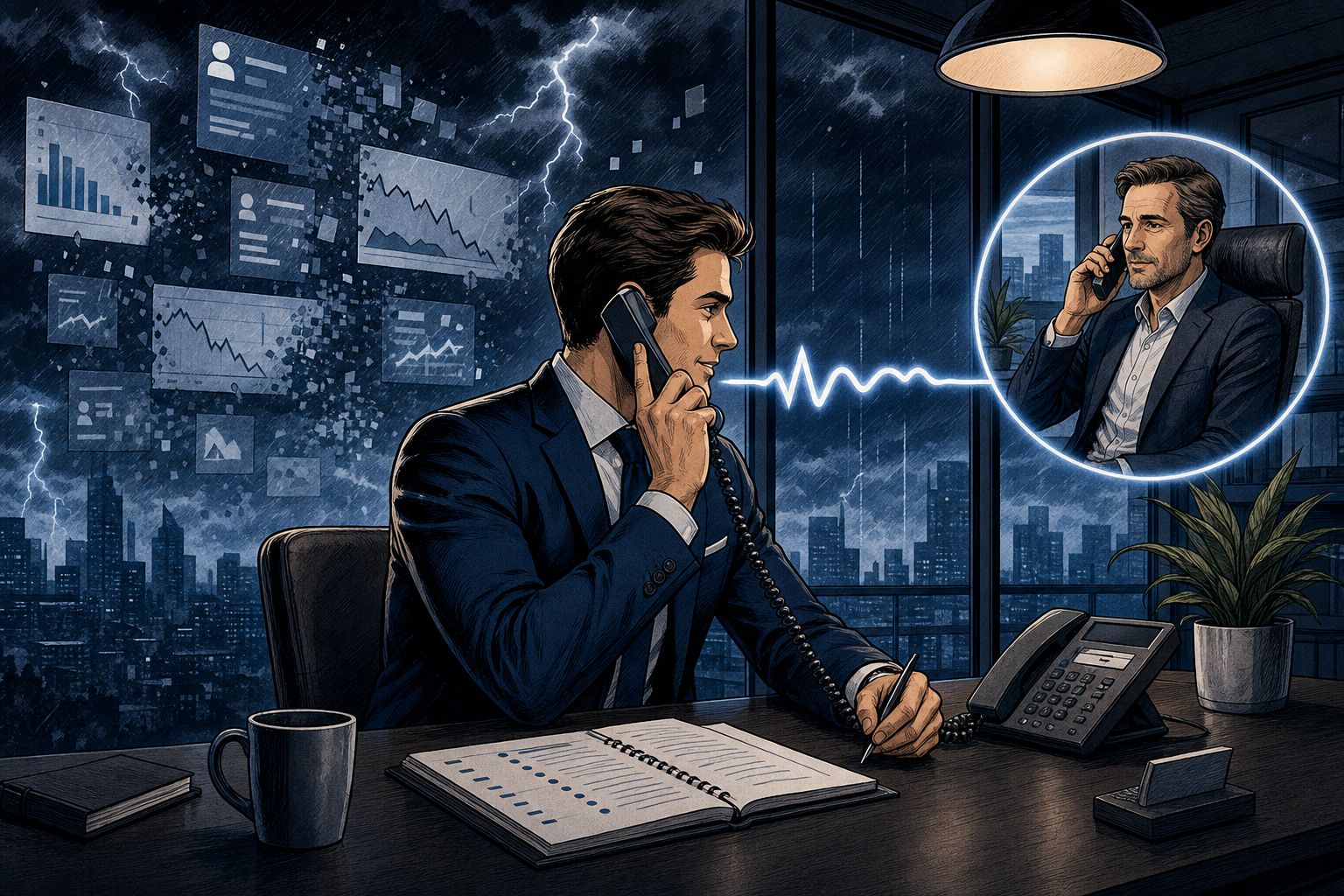 Comic-Illustration eines unabhängigen B2B-Verkäufers mit Telefon neben schwankenden Werbe- und Suchplattformen
