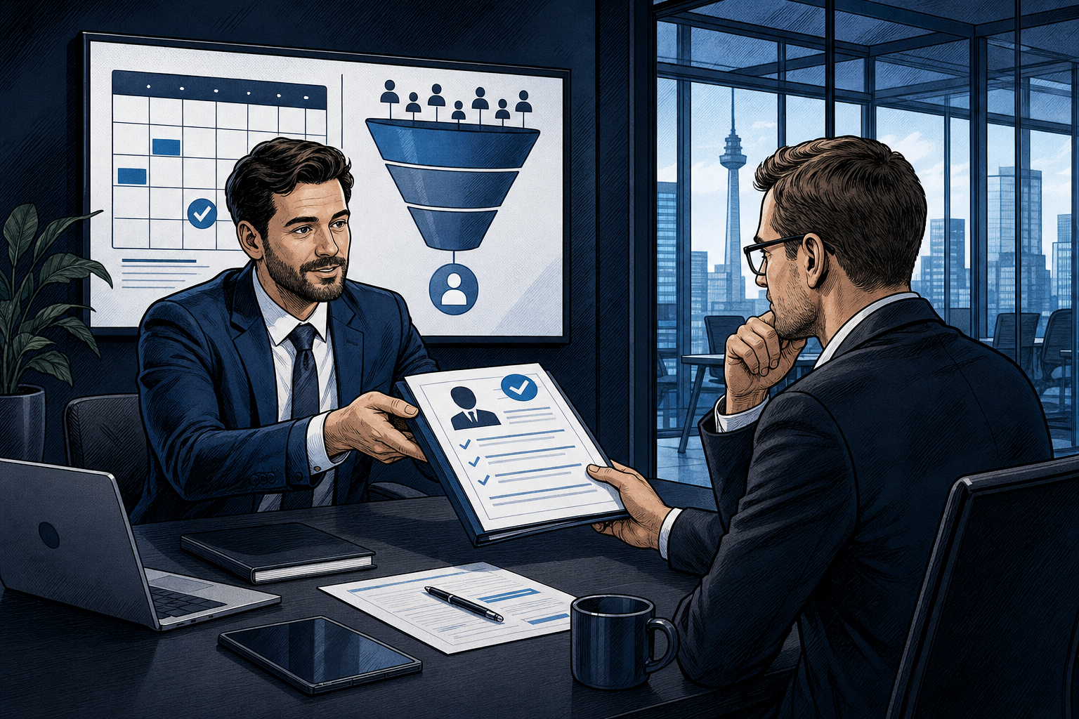Comic-Illustration eines vorqualifizierten B2B-Termins mit Entscheider und dokumentiertem Bedarf