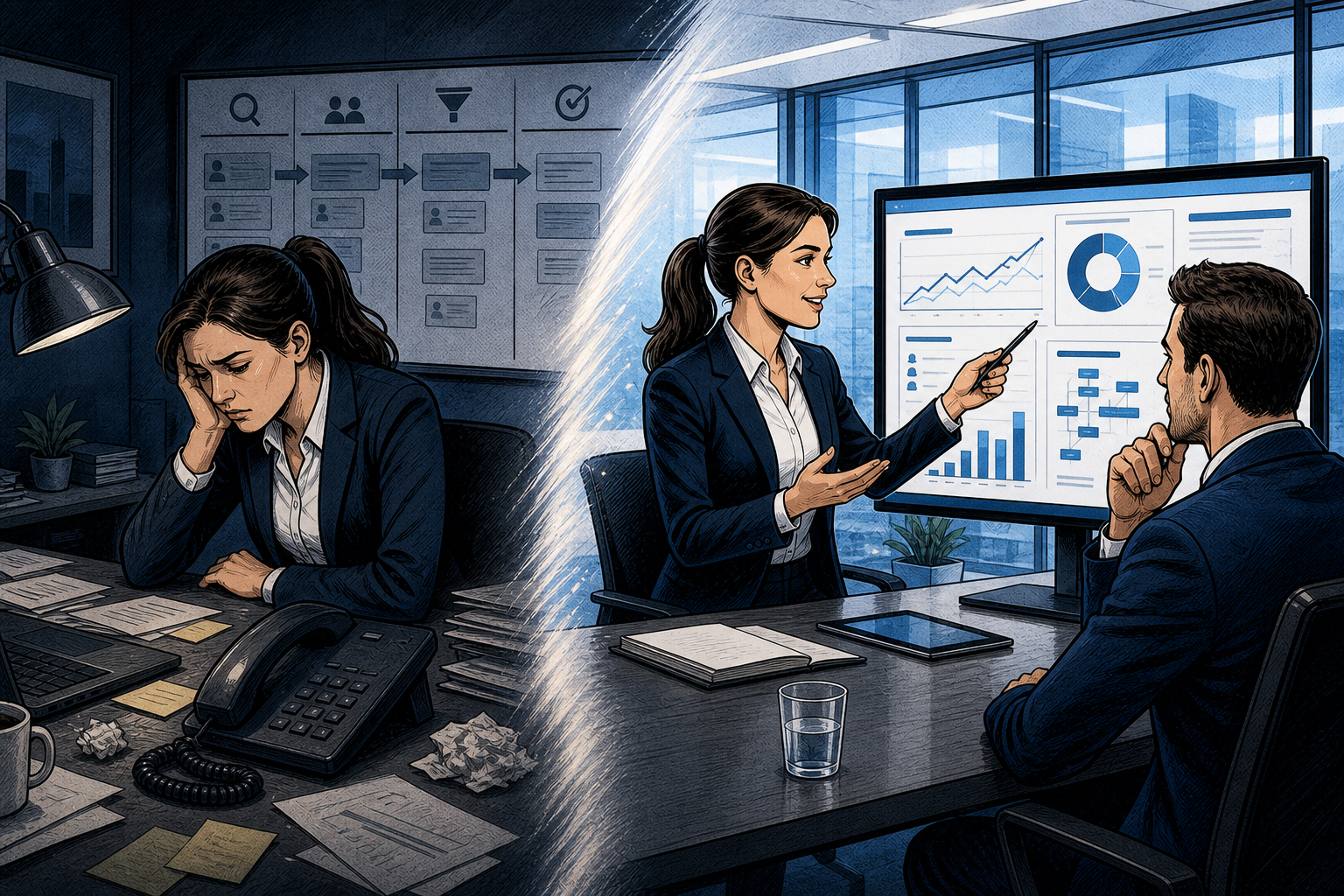 Comic-Illustration eines Software-Vertrieblers, der neue Überzeugung für Produkt und Kundennutzen entwickelt