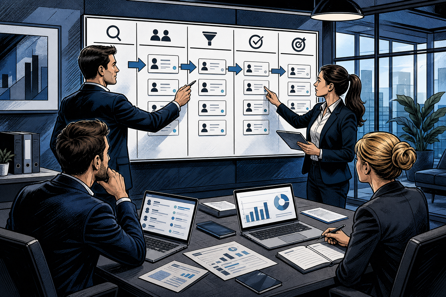 Comic-Illustration eines strukturierten B2B-Vertriebsprozesses