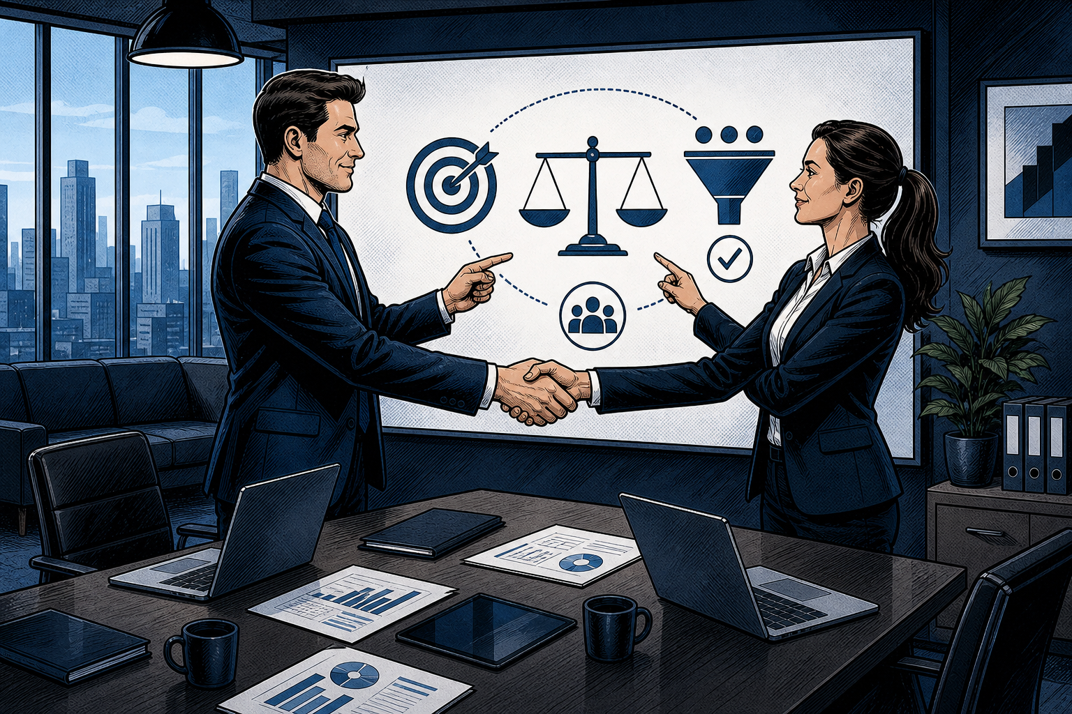 Comic-Illustration einer fairen erfolgsbasierten Zusammenarbeit zwischen Unternehmen und Vertriebsagentur