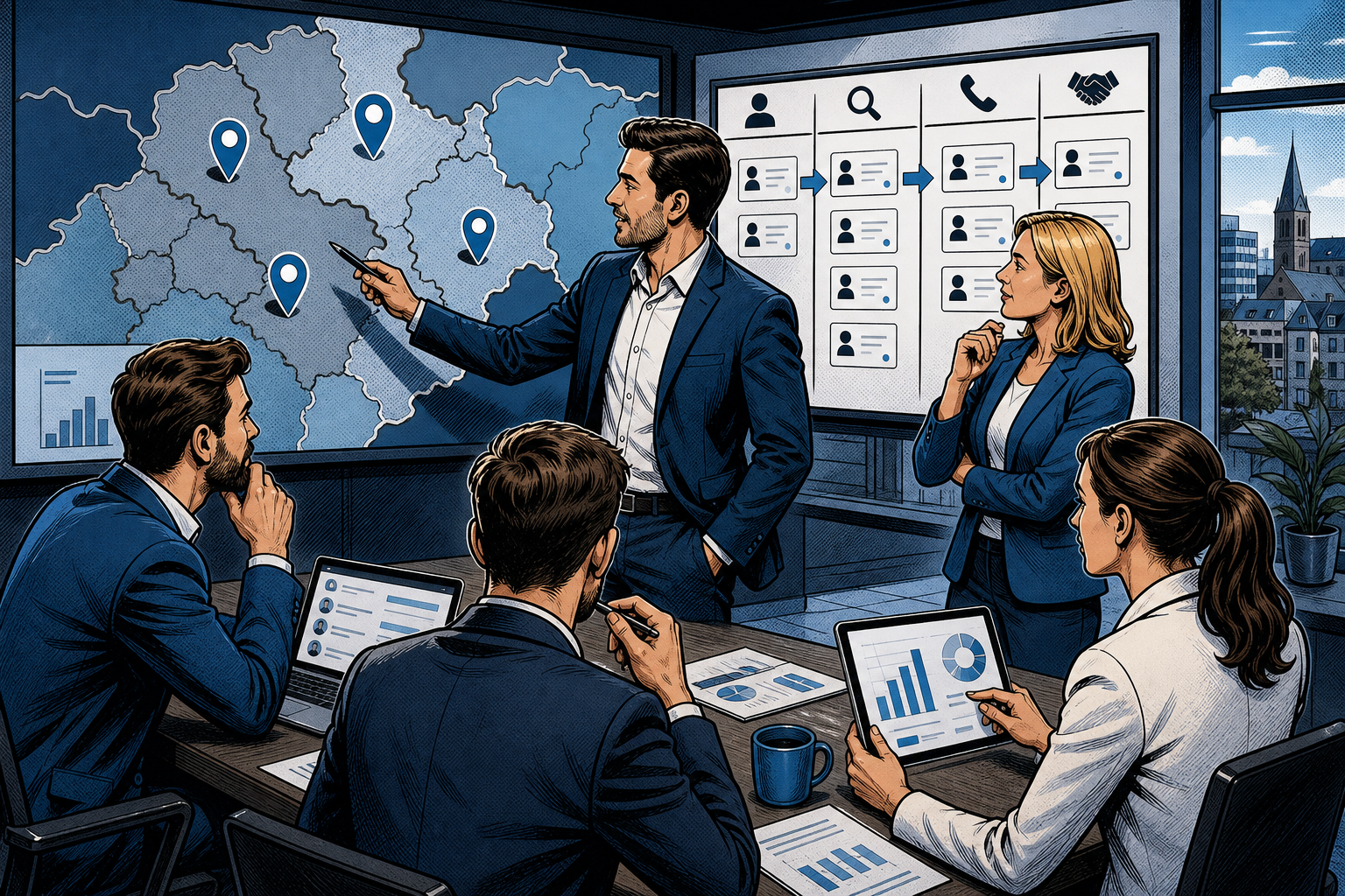 Comic-Illustration einer Vertriebsagentur in der Region OWL