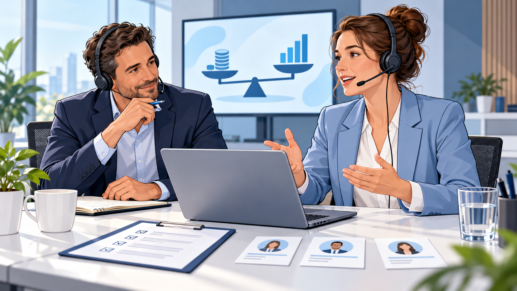 Comic-Illustration eines Vertriebstrainings mit Coach, Headsets, Gesprächscheckliste und einer Gegenüberstellung von Aufwand und Ertrag